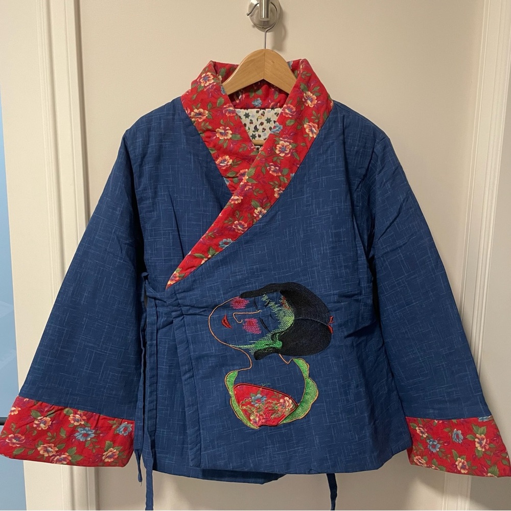 Embroidered Blue Kimono with Red Floral Trim
